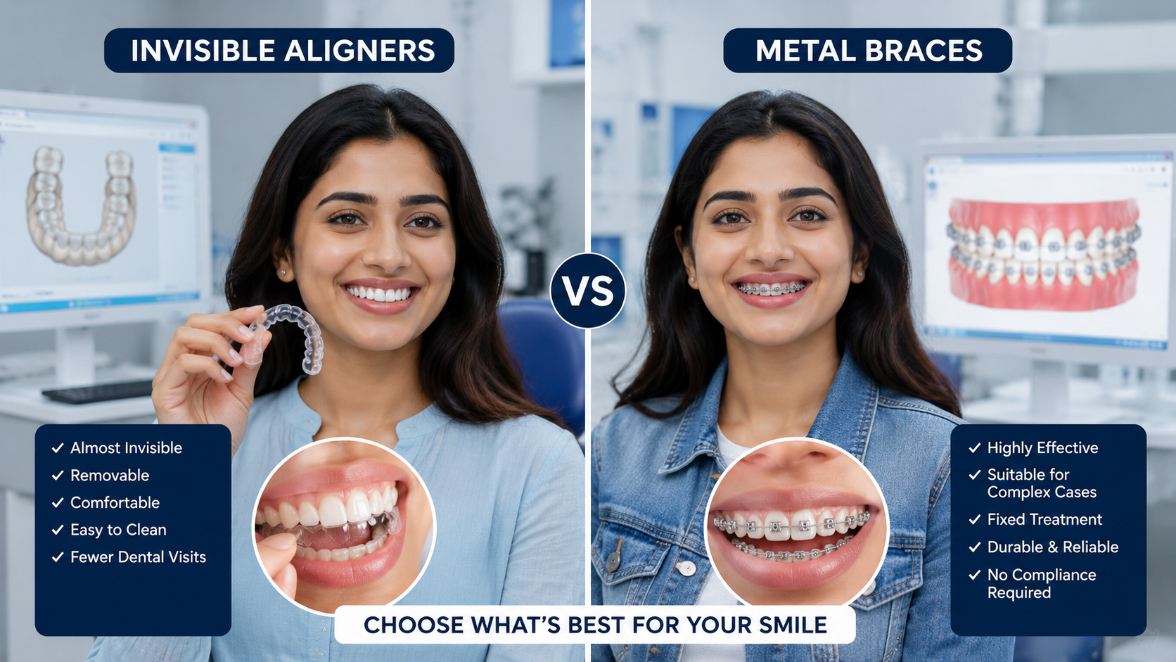 Comparison of invisible aligners and metal braces treatment in Delhi dental clinic